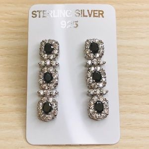Sterling Silver Black CZ Halo Drop Earrings
